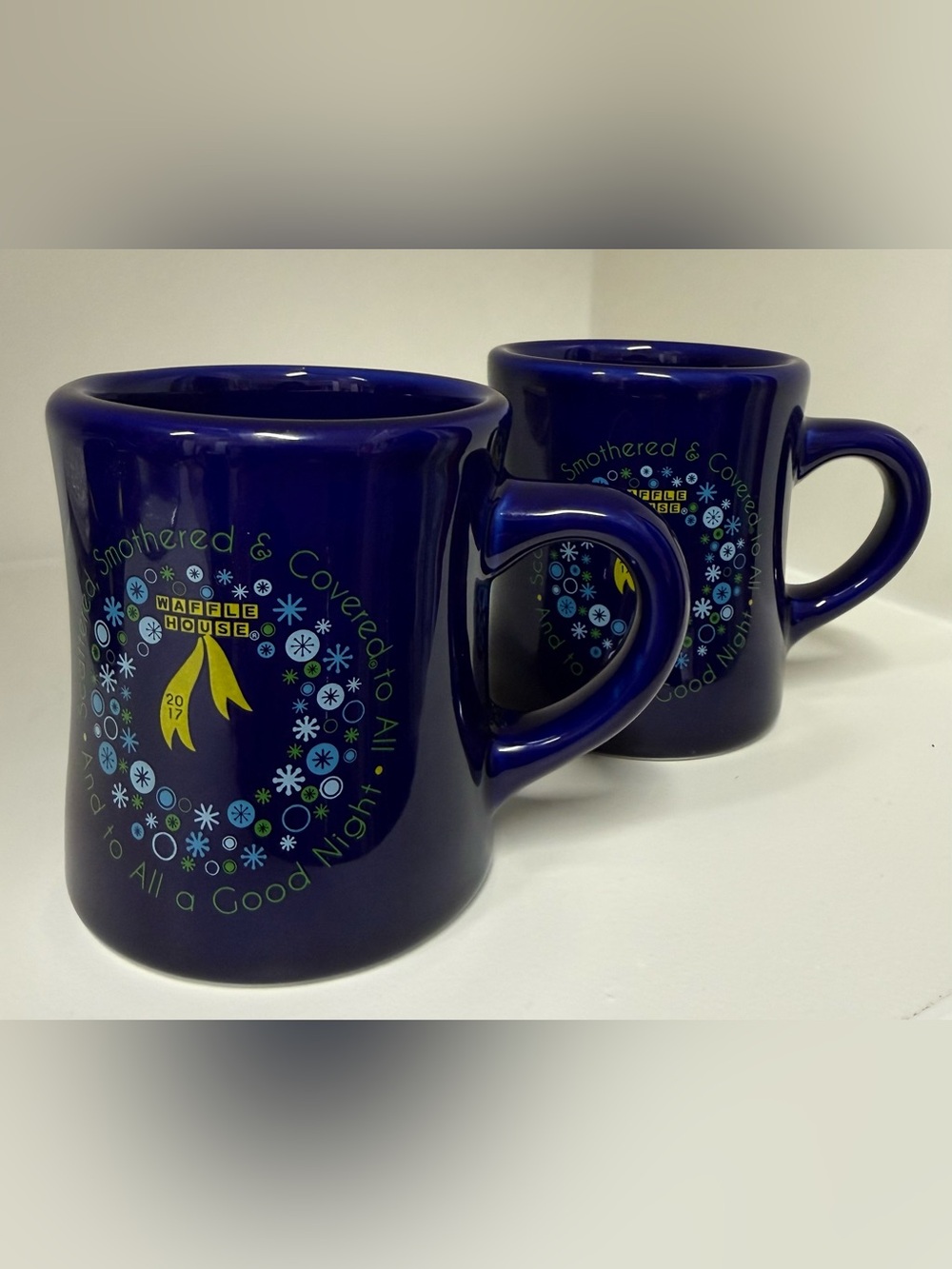 Retro Waffle House Christmas 2017 Blue Coffee 2 Mugs Tuxton Scattered Smothered